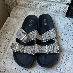 Dunes Black and Silver Sparkle Sandals with Buckles